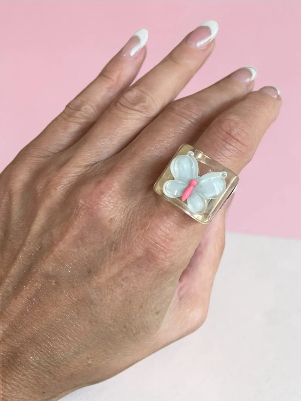 Clear Acrylic 3D Butterfly Statement Ring Lucite Style Size 8